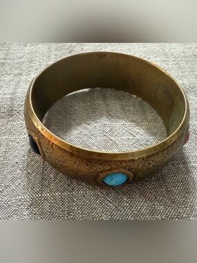 Vintage Brass Accent Bangle with Turquoise Inlay - Gold Finish